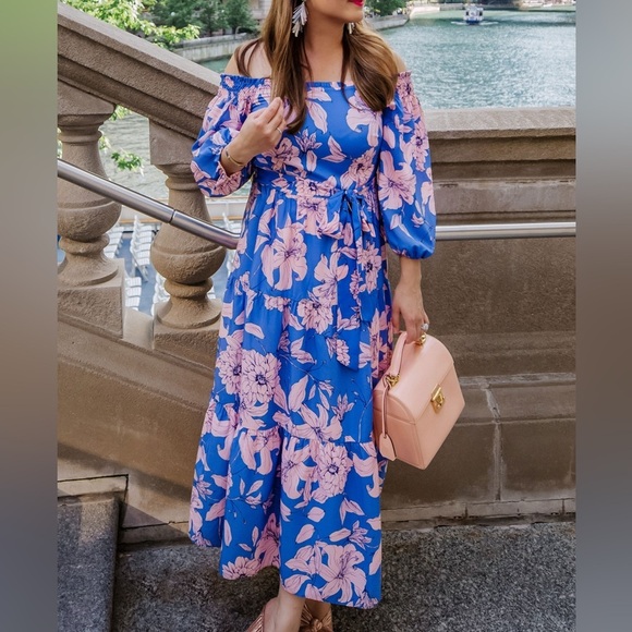 Eliza J Tiered Floral Blue Pink Off Shoulder Midi Maxi Easter Dress Women 2 - Picture 1 of 7